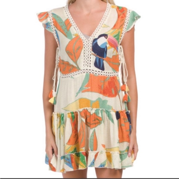 Z&L EUROPE Tassel Tie Armhole Lace Trimmed Tiered Mini Dress Tucan Print XL blue - Picture 6 of 8